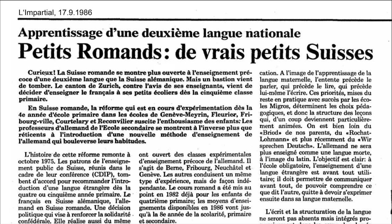 Ausschnitt aus der Zeitung L'Impartial mit dem Titel "Petits Romands: de vras petits Suisses"