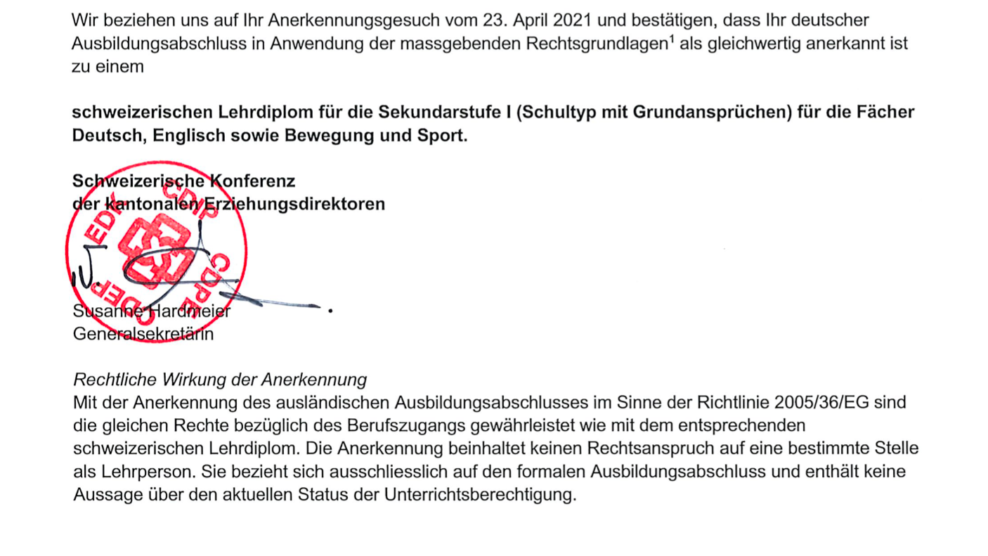 Ein Ausschnitt aus einem Brief zur Diplomanerkennung mit EDK-Stempel